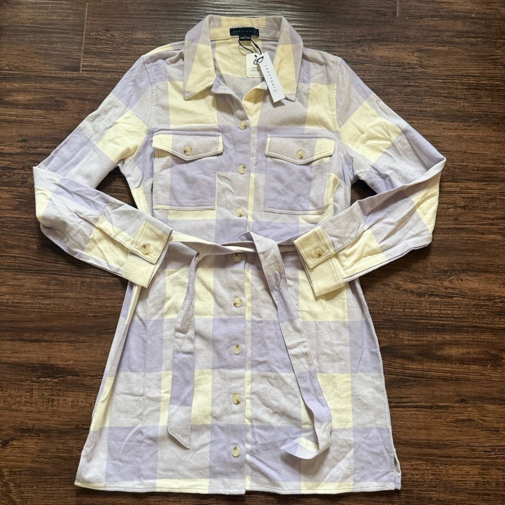 NWT Sanctuary Size Large Plaid Belted Shirt Dress Lavender Button Front